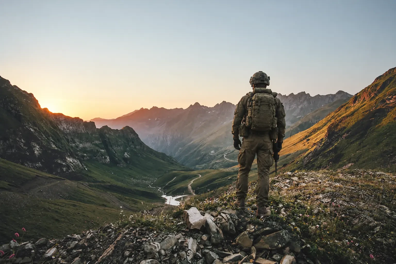 Militair met rugzak kijkt bij zonsopgang uit over een bergdal